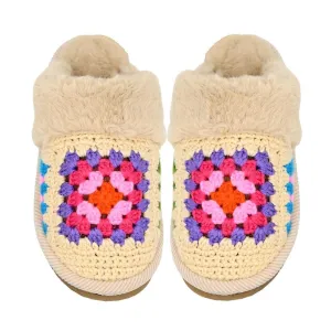 Crochet Granny Square Fur Cuff Slippers - Beige