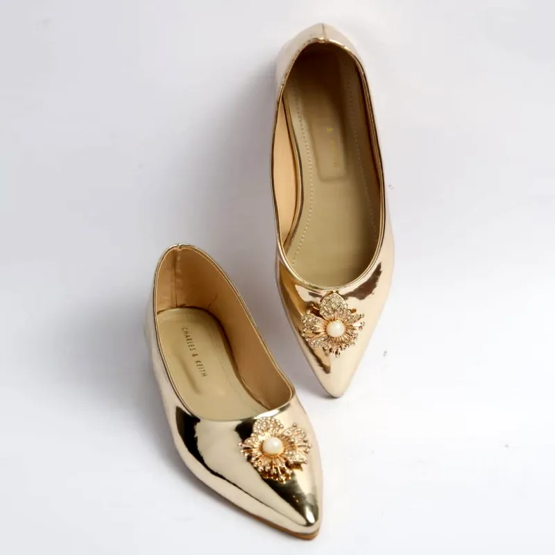 Elegant Pointed-Toe Flat Pumps with Pearl Embellishment