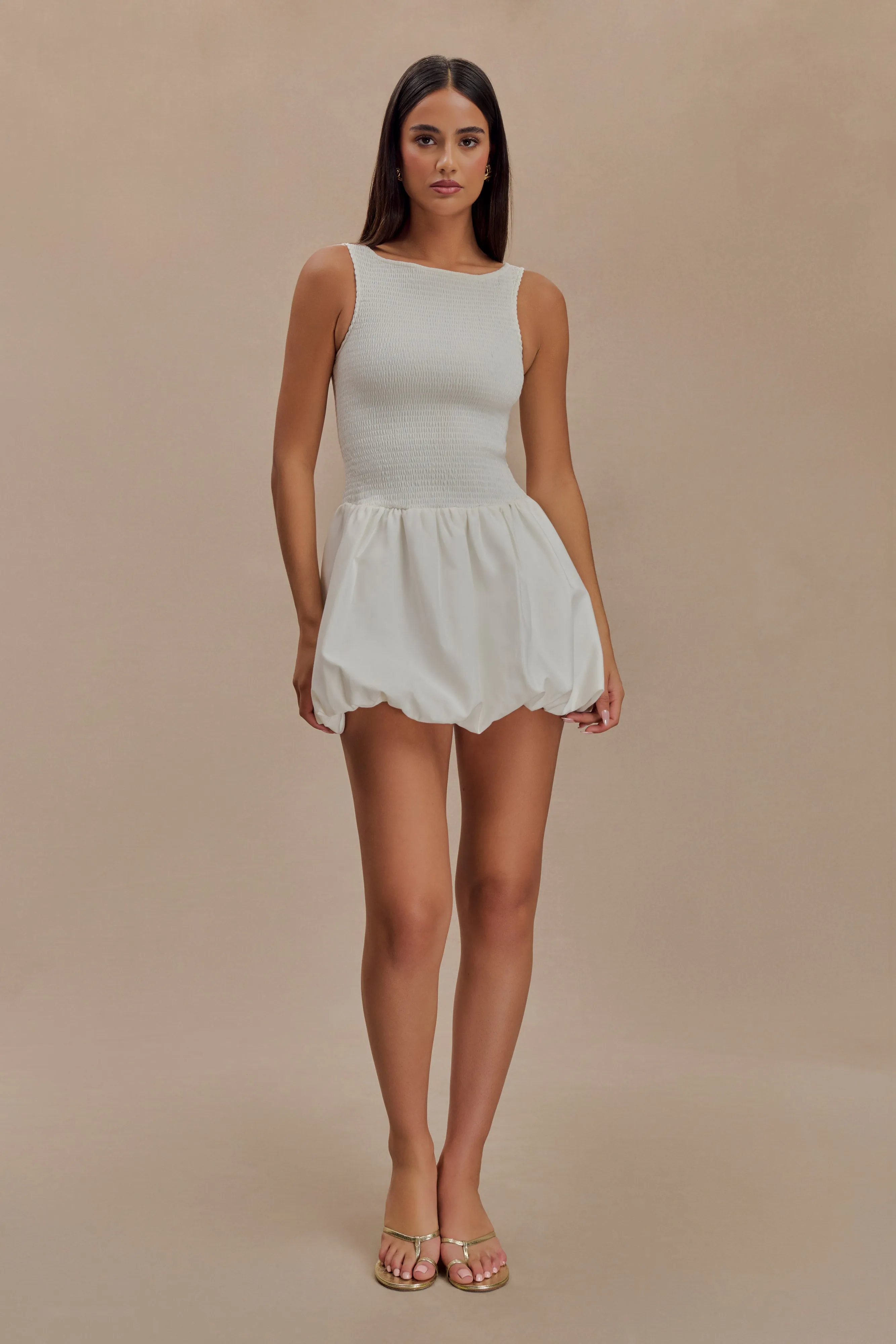 Felicity Shirring Bubble Cotton Mini Dress - White