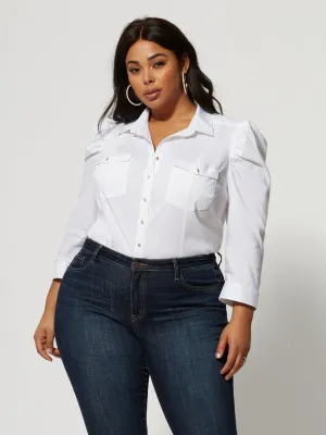 Harlow White Puff Sleeve Button-Up Top