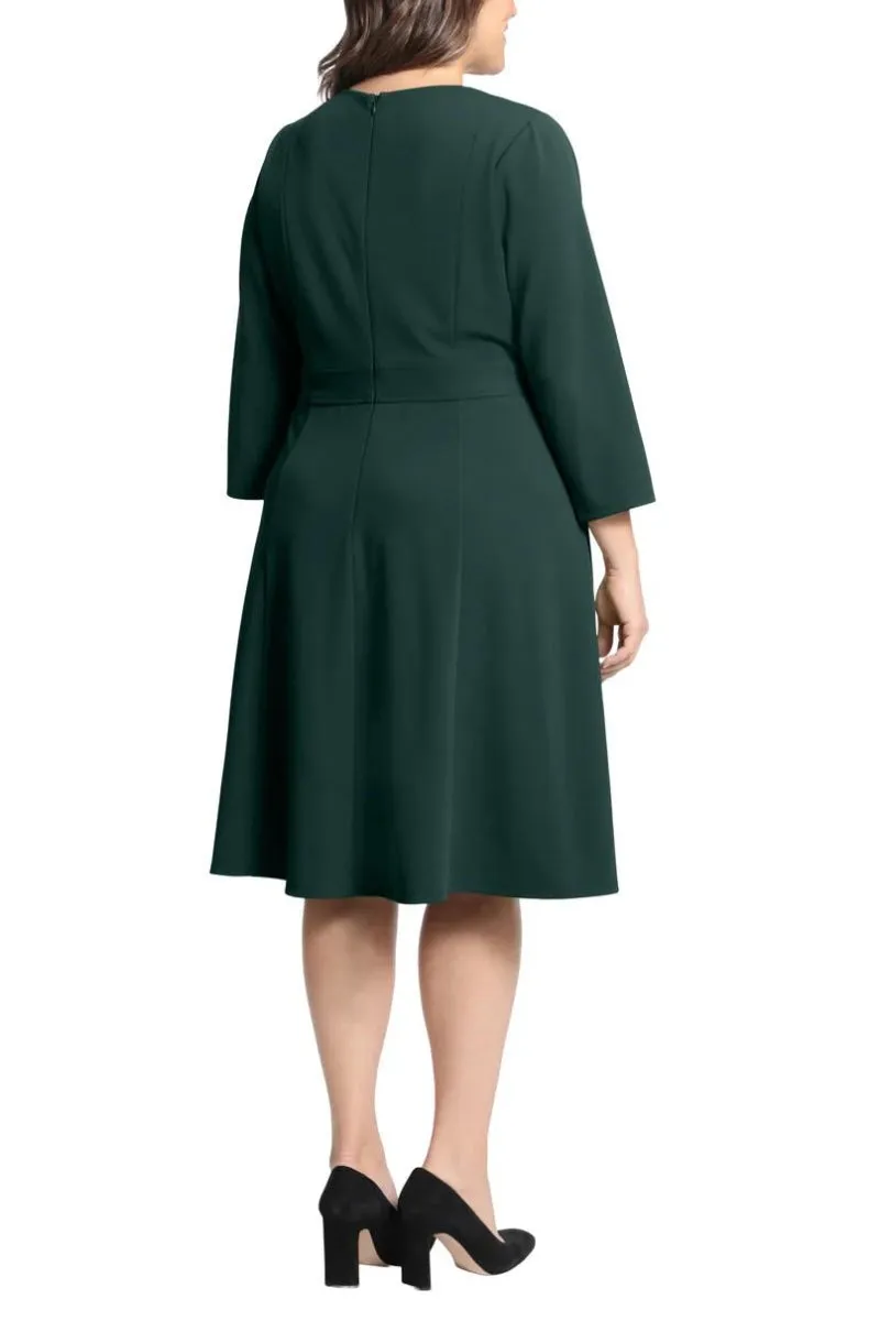 London Times 3/4 Sleeve Seamed Side Tab Fit & Flare Midi Dress