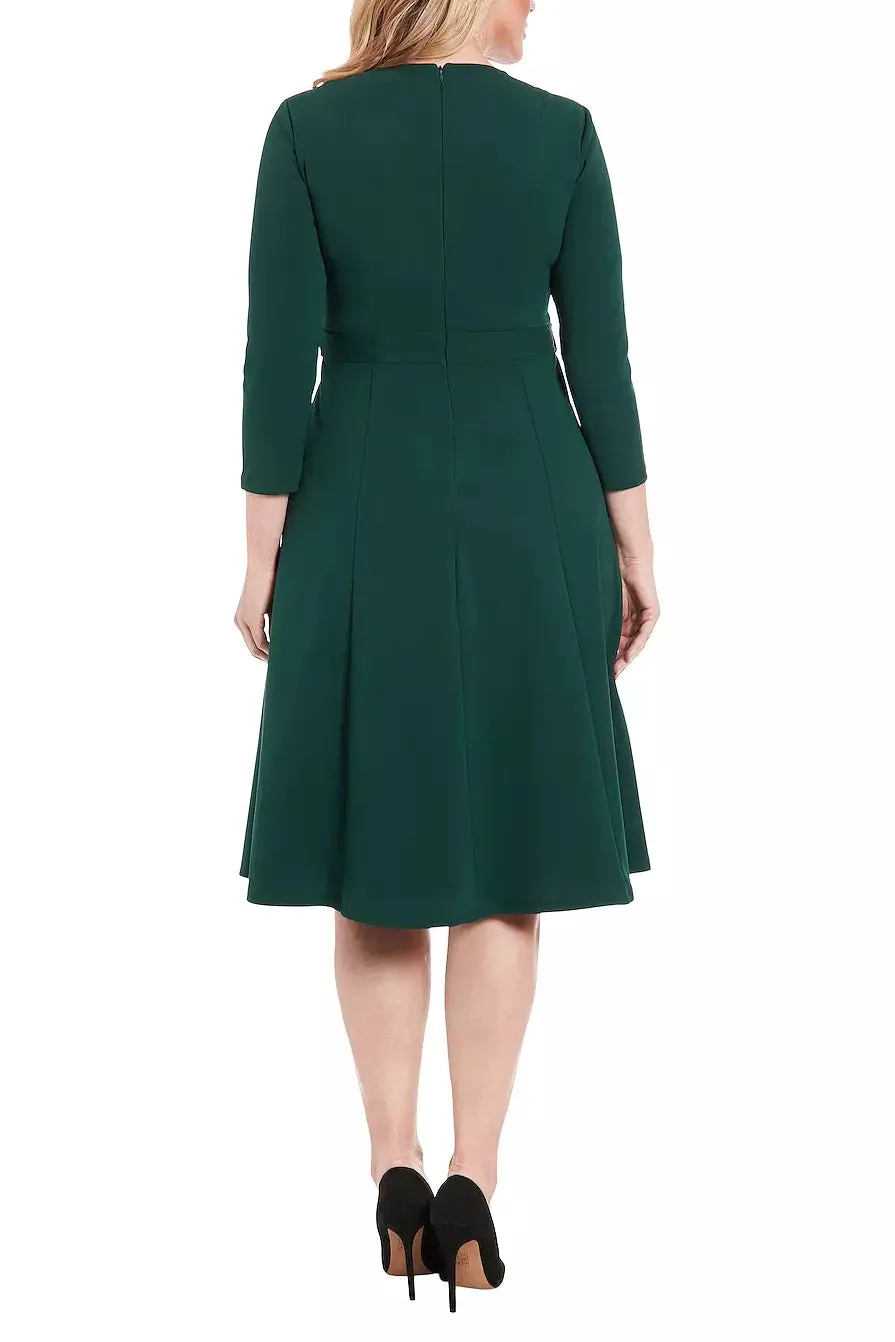 London Times 3/4 Sleeve Seamed Side Tab Fit & Flare Midi Dress