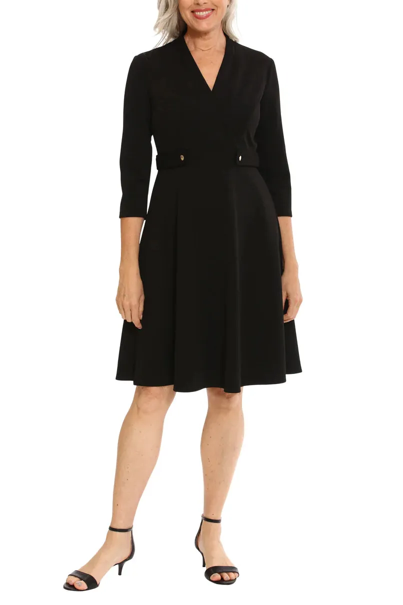 London Times Surplice Neck 3/4 Sleeve Goldtone Button Detail Zipper Closure Fit & Flare Scuba Dress