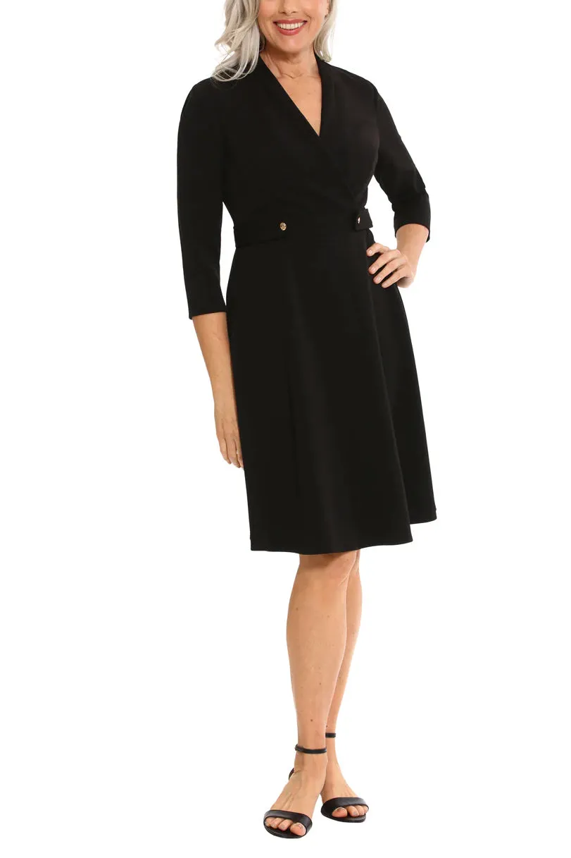 London Times Surplice Neck 3/4 Sleeve Goldtone Button Detail Zipper Closure Fit & Flare Scuba Dress