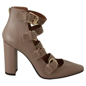 MY TWIN Elegant Leather Multi-Buckle Heels in Brown