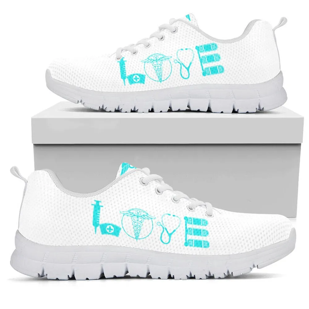 Nurse Sneaker, Nurse Love Light Blue White Sneakers Shoes, Best Shoes For Nurses