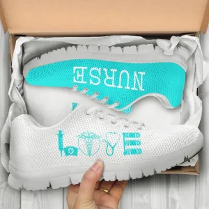 Nurse Sneaker, Nurse Love Light Blue White Sneakers Shoes, Best Shoes For Nurses