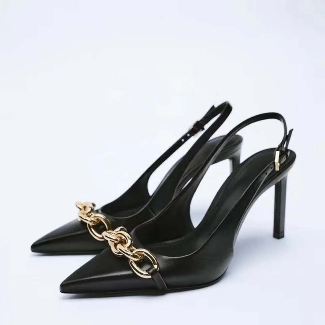 Pre Order:  Casual Chain Pointed Toe Stiletto Mule Pumps