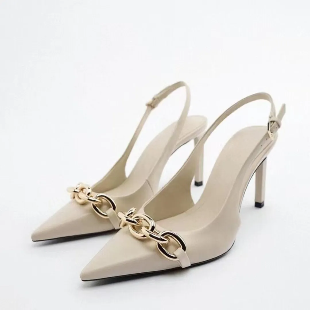 Pre Order:  Casual Chain Pointed Toe Stiletto Mule Pumps