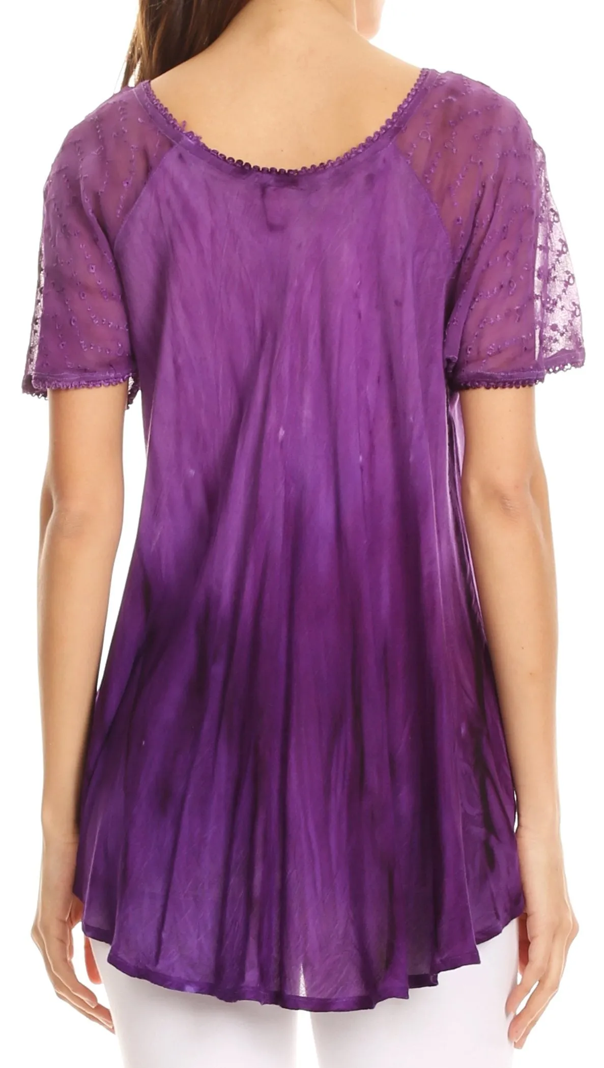 Sakkas Siri Ombre Tie Dye Embroidered Sheer Cap Sleeve Relaxed Fit Tunic Top