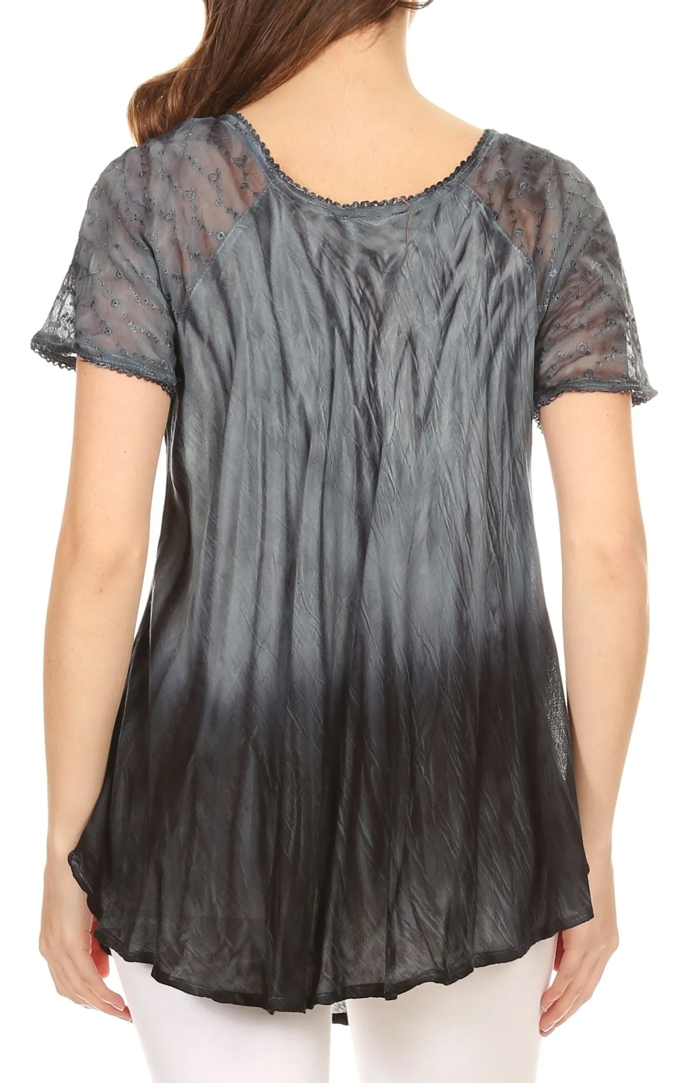 Sakkas Siri Ombre Tie Dye Embroidered Sheer Cap Sleeve Relaxed Fit Tunic Top