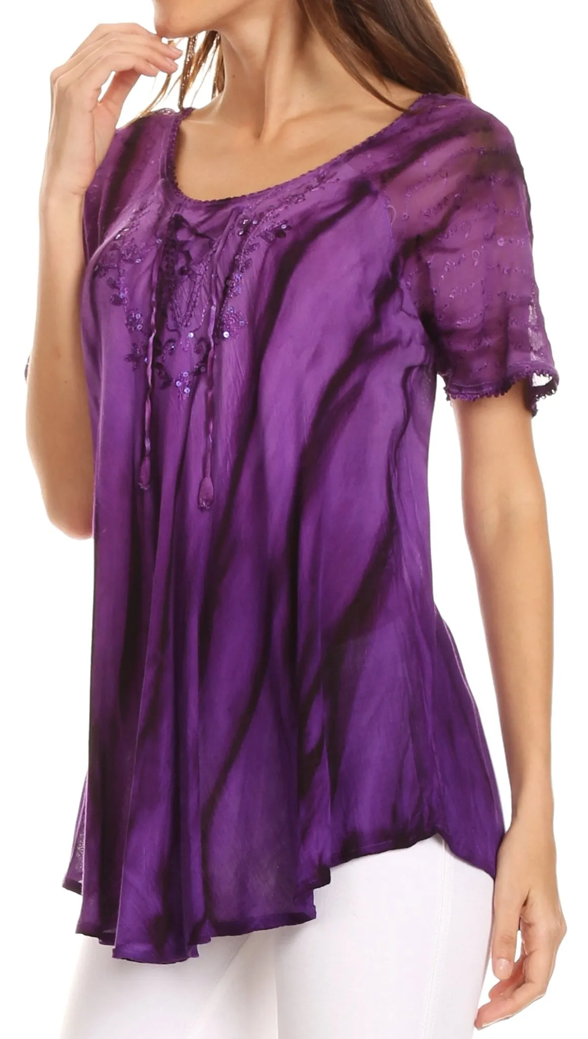 Sakkas Siri Ombre Tie Dye Embroidered Sheer Cap Sleeve Relaxed Fit Tunic Top