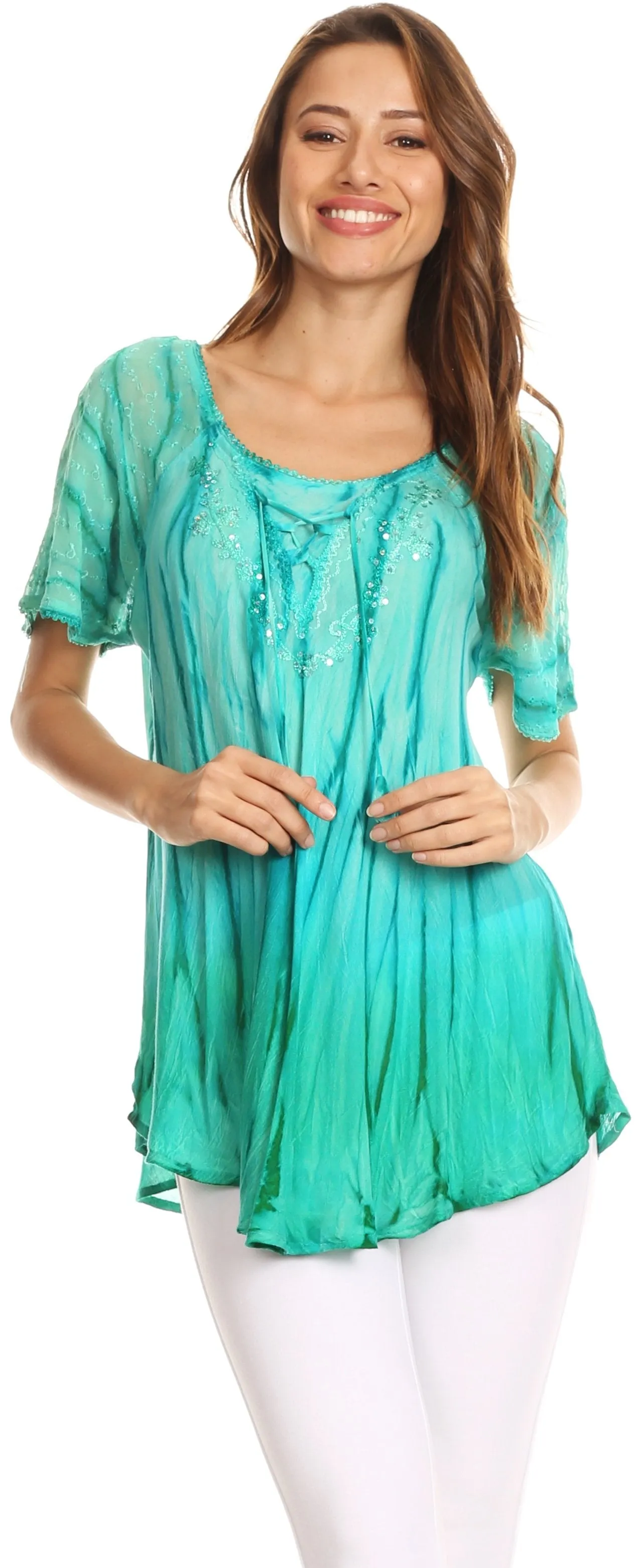 Sakkas Siri Ombre Tie Dye Embroidered Sheer Cap Sleeve Relaxed Fit Tunic Top