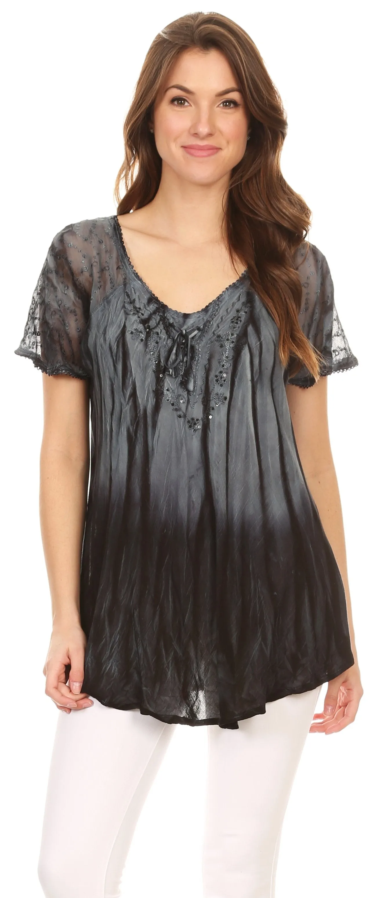 Sakkas Siri Ombre Tie Dye Embroidered Sheer Cap Sleeve Relaxed Fit Tunic Top