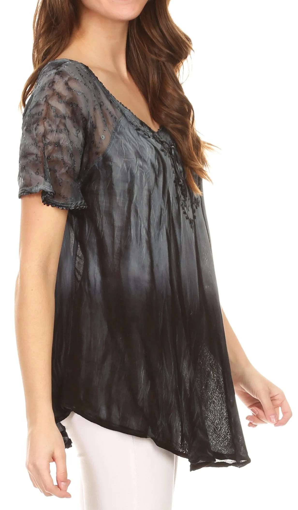 Sakkas Siri Ombre Tie Dye Embroidered Sheer Cap Sleeve Relaxed Fit Tunic Top