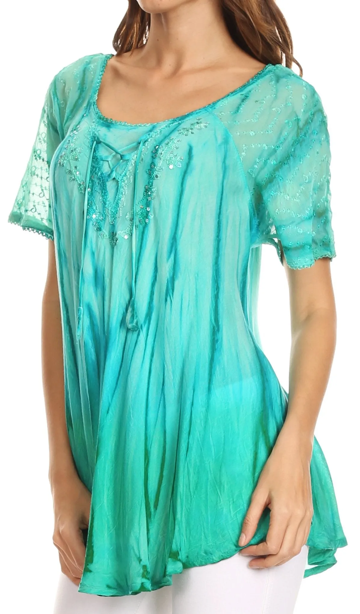 Sakkas Siri Ombre Tie Dye Embroidered Sheer Cap Sleeve Relaxed Fit Tunic Top