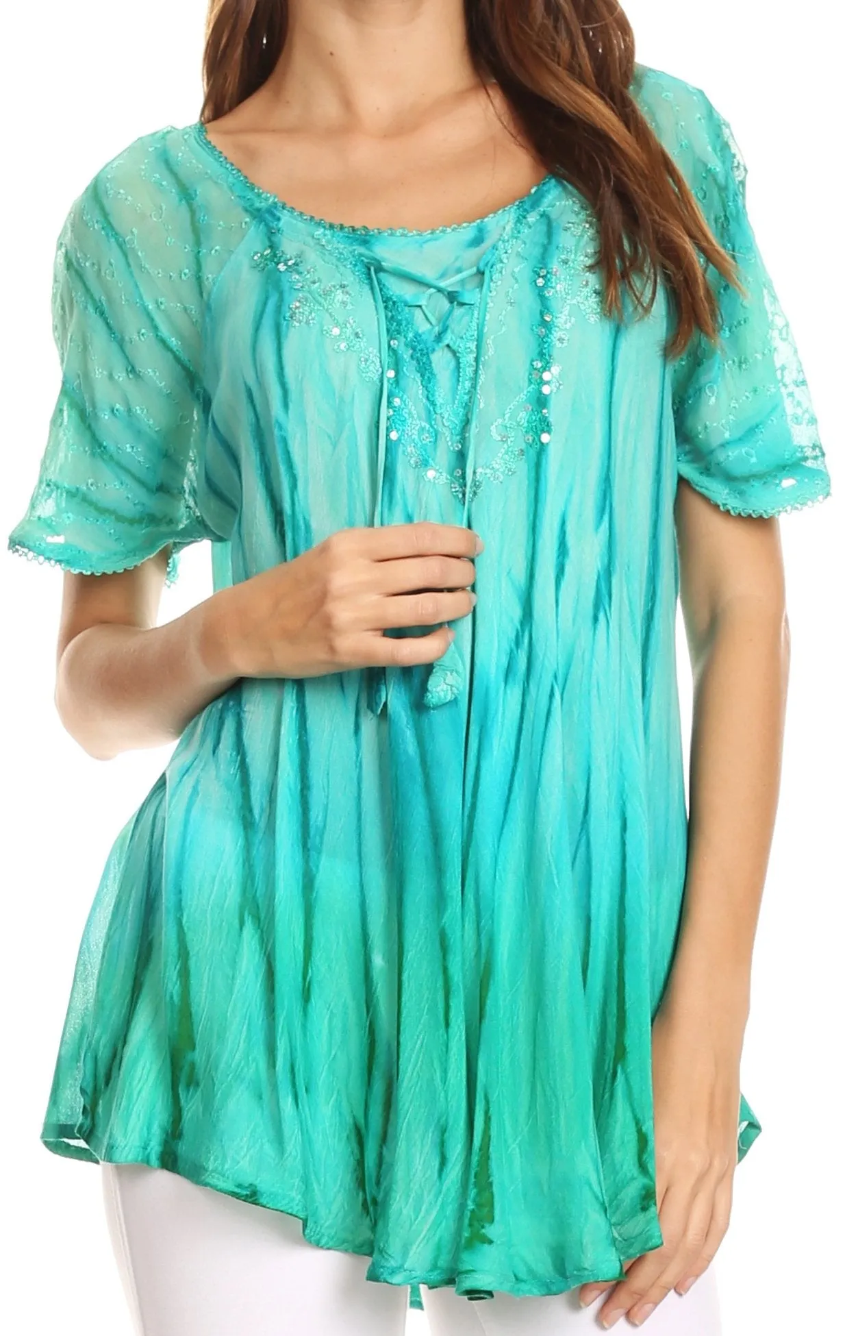 Sakkas Siri Ombre Tie Dye Embroidered Sheer Cap Sleeve Relaxed Fit Tunic Top