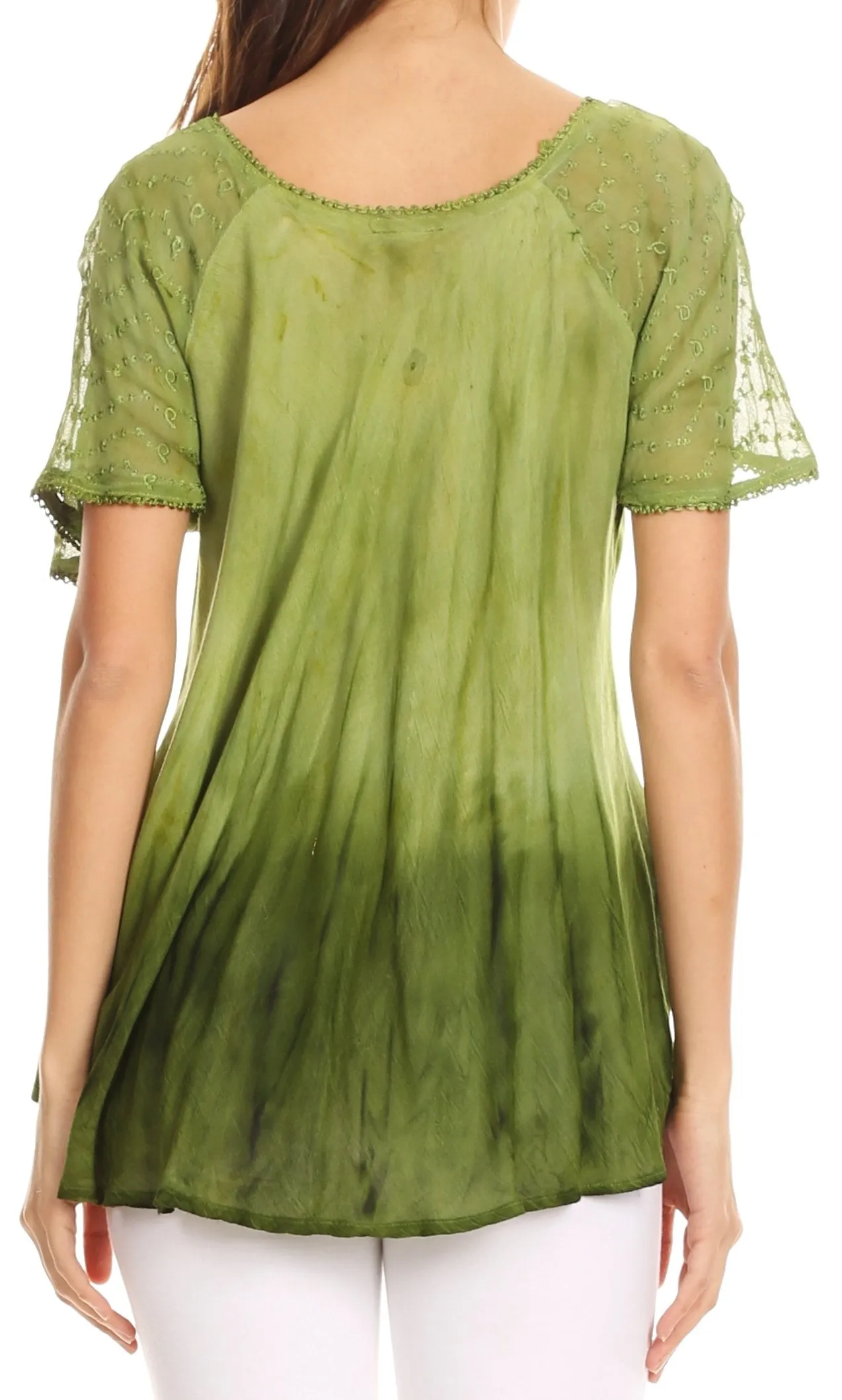 Sakkas Siri Ombre Tie Dye Embroidered Sheer Cap Sleeve Relaxed Fit Tunic Top