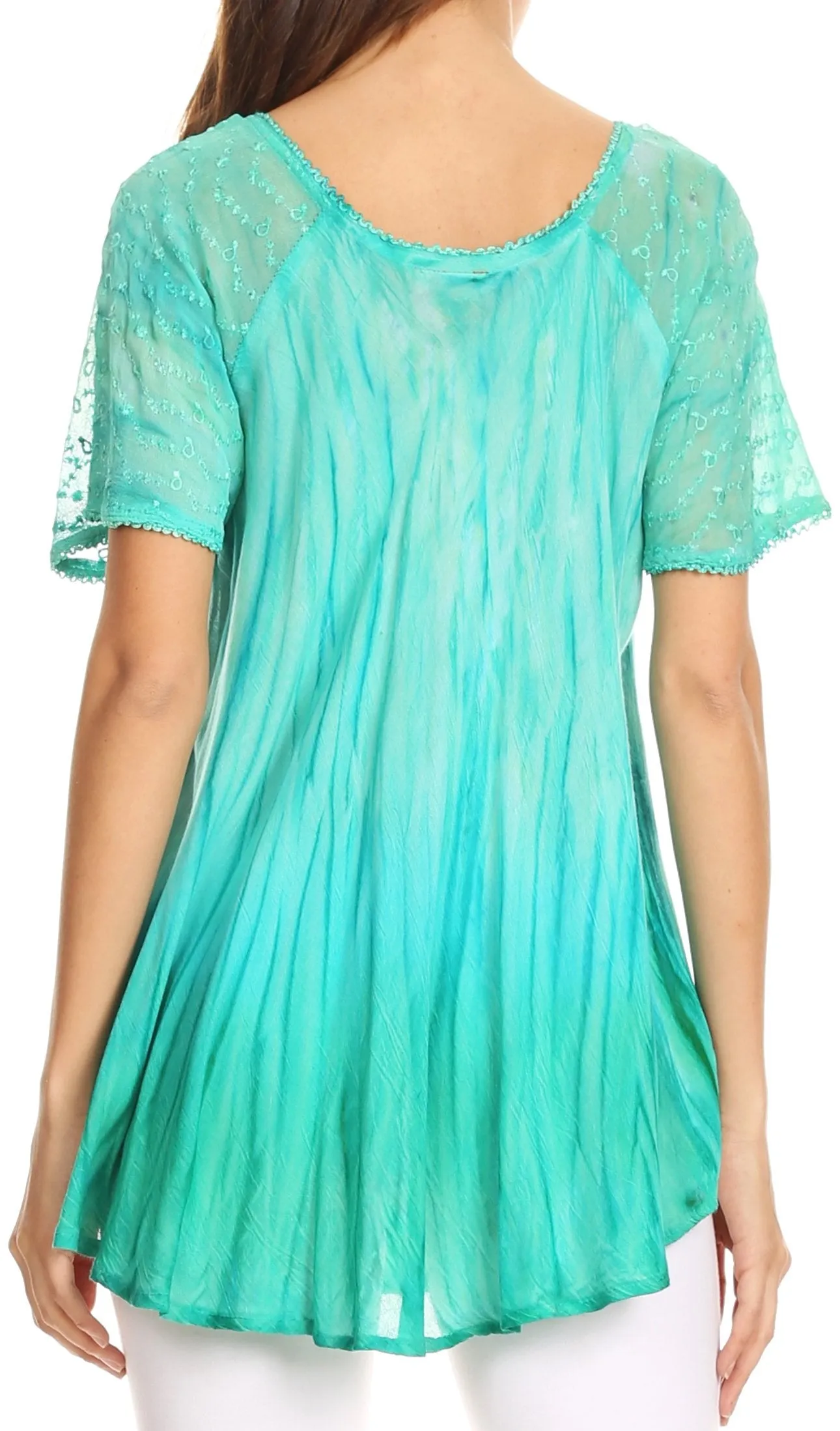 Sakkas Siri Ombre Tie Dye Embroidered Sheer Cap Sleeve Relaxed Fit Tunic Top