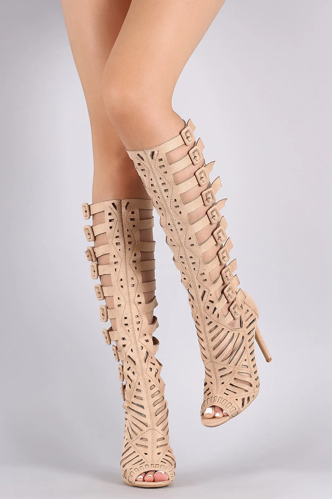 Suede Buckled Strappy Cutout Stiletto Heel