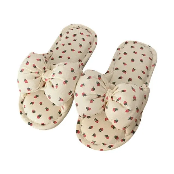 TEEK - Cream Berry Bow Puff Slippers