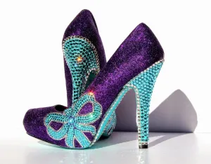 Tiffany Blue Crystal & Purple Glitter Bow Heels