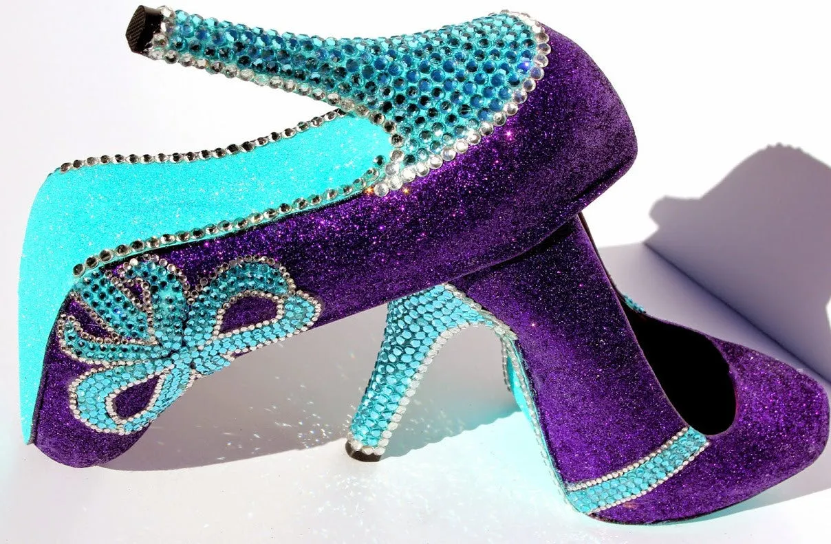 Tiffany Blue Crystal & Purple Glitter Bow Heels