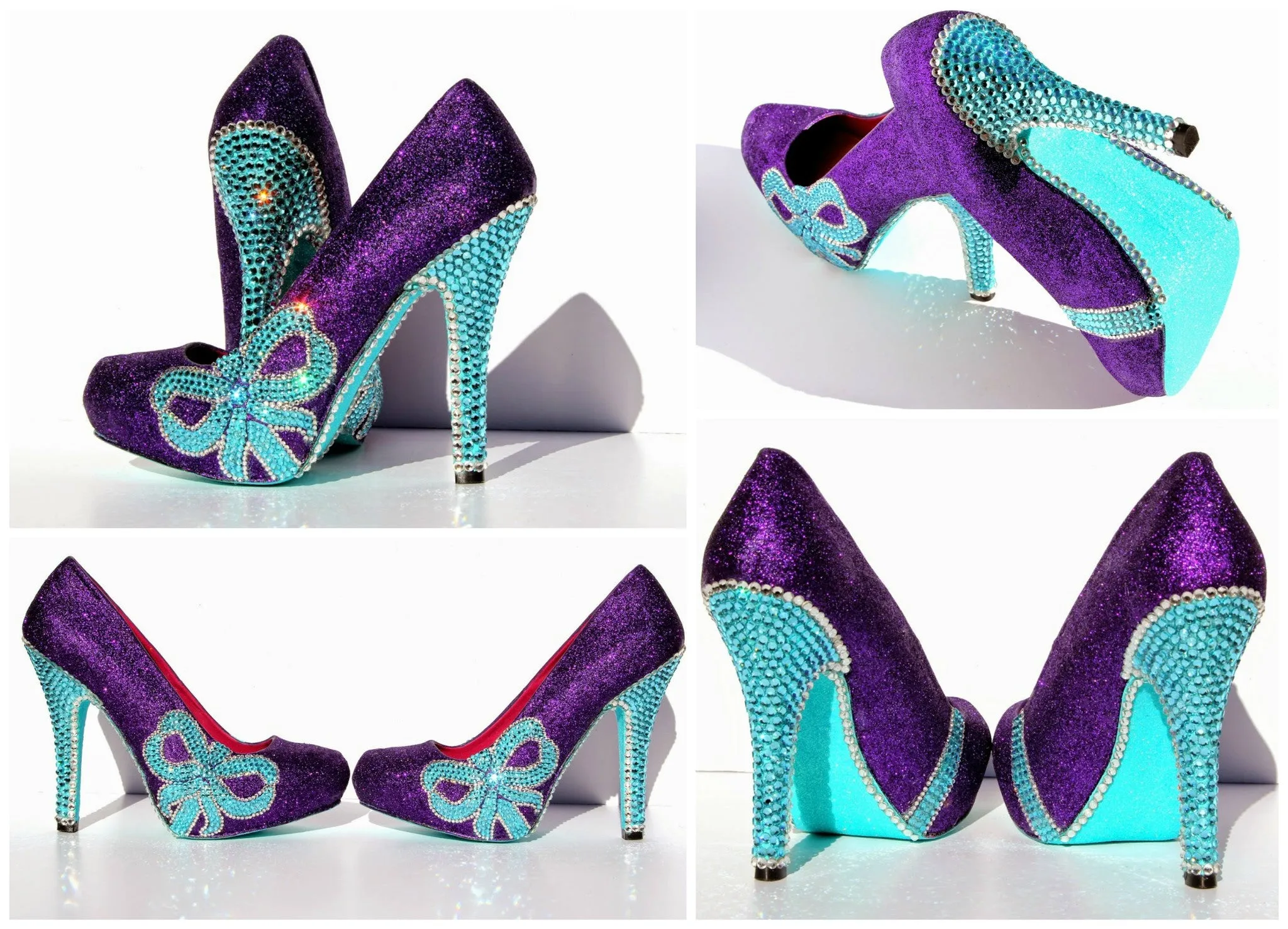 Tiffany Blue Crystal & Purple Glitter Bow Heels