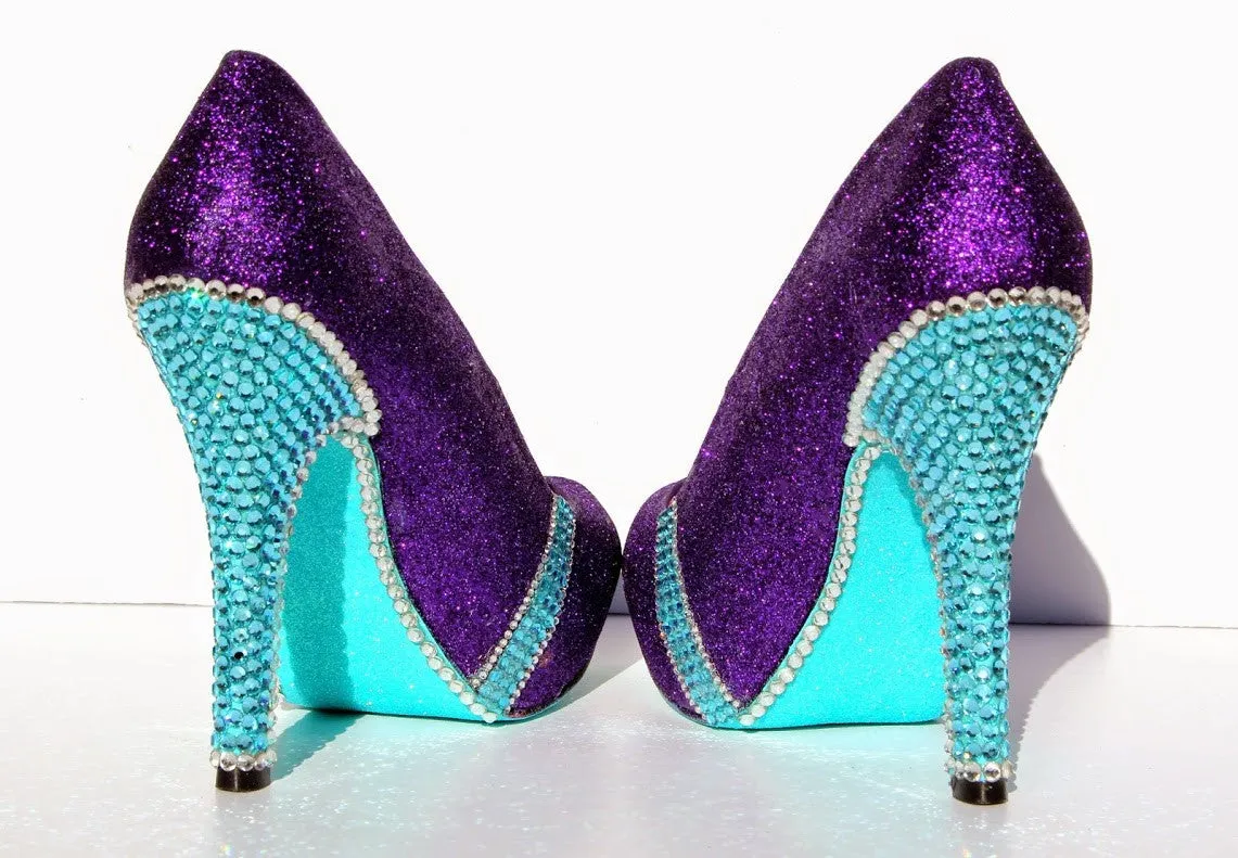 Tiffany Blue Crystal & Purple Glitter Bow Heels