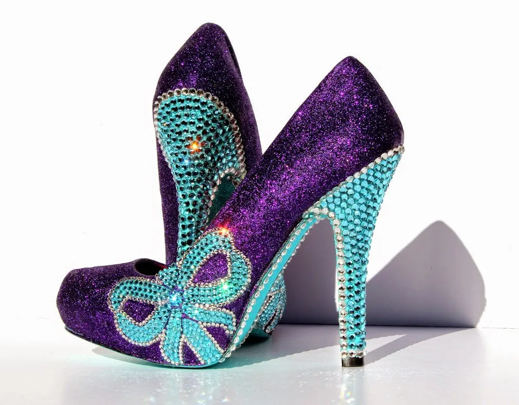 Tiffany Blue Crystal & Purple Glitter Bow Heels