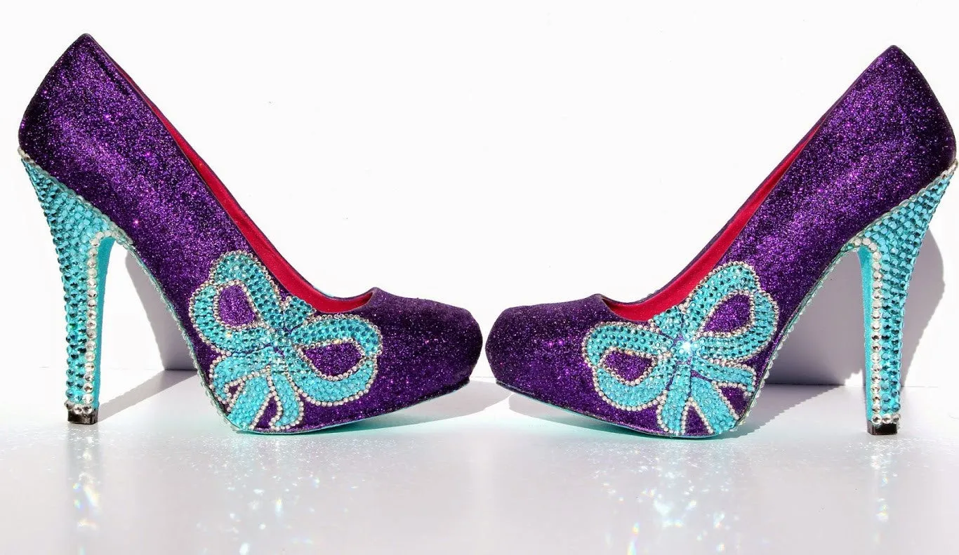 Tiffany Blue Crystal & Purple Glitter Bow Heels