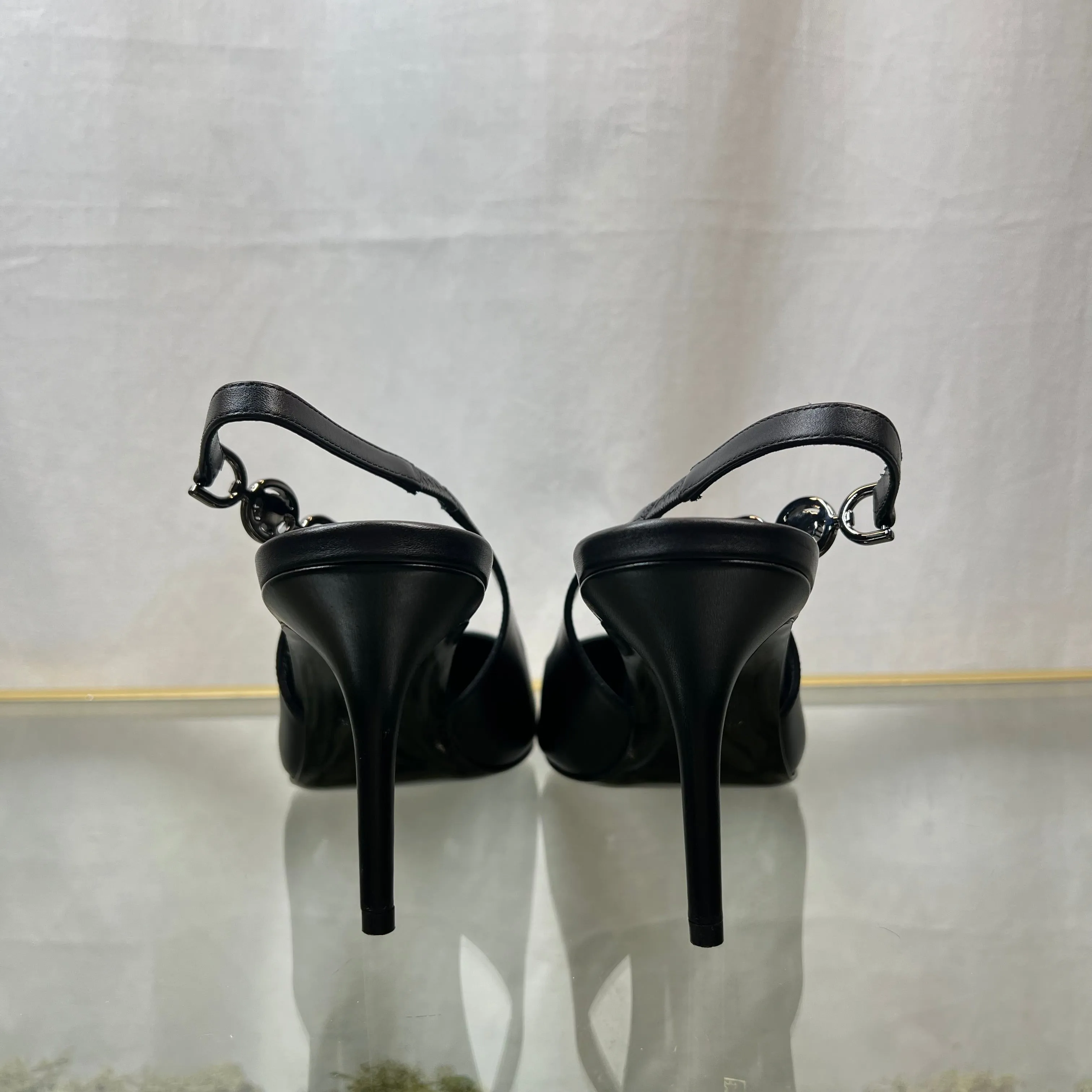 VERSACE '95 Black Gun Metal Leather Slingback Pumps SZ38(8US)