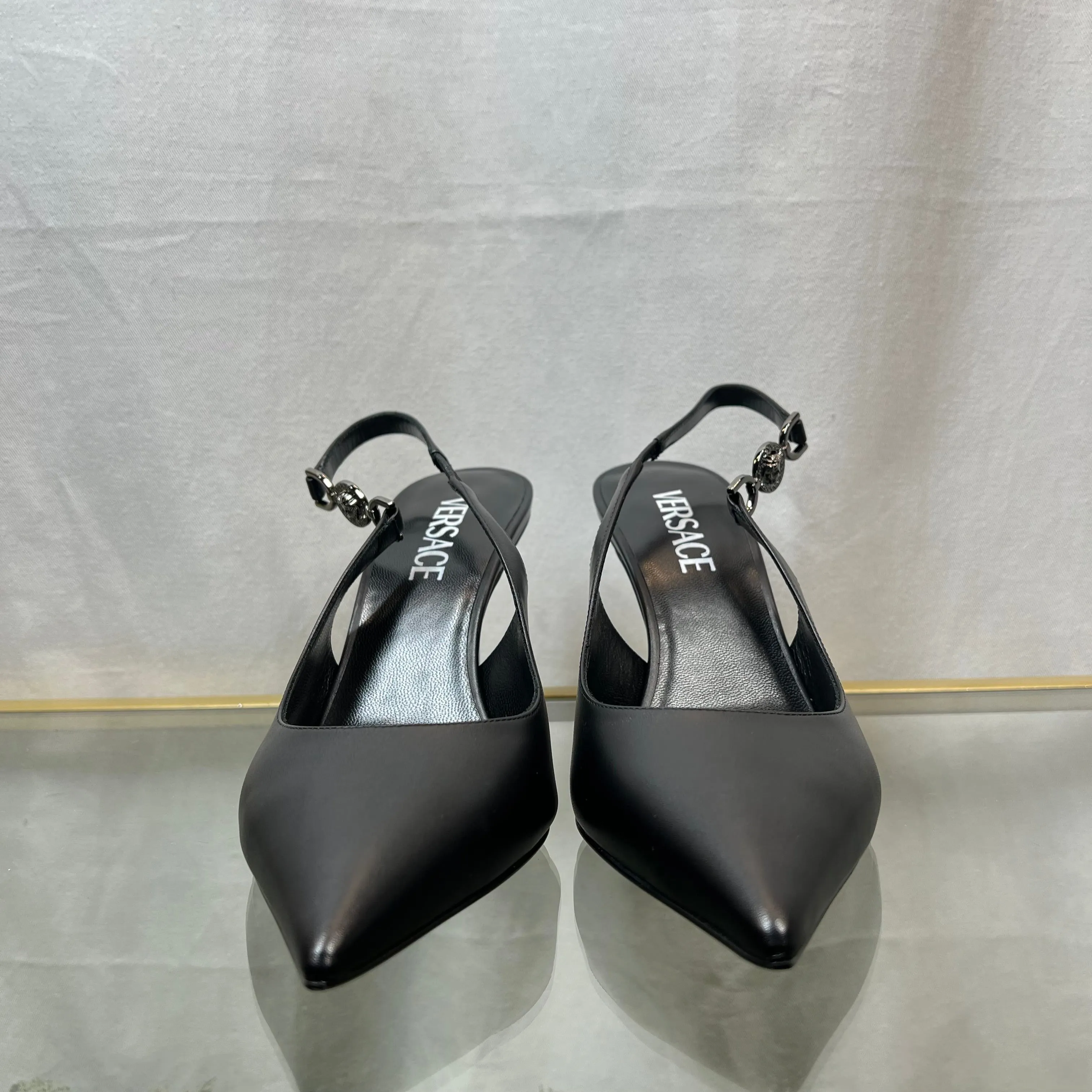 VERSACE '95 Black Gun Metal Leather Slingback Pumps SZ38(8US)