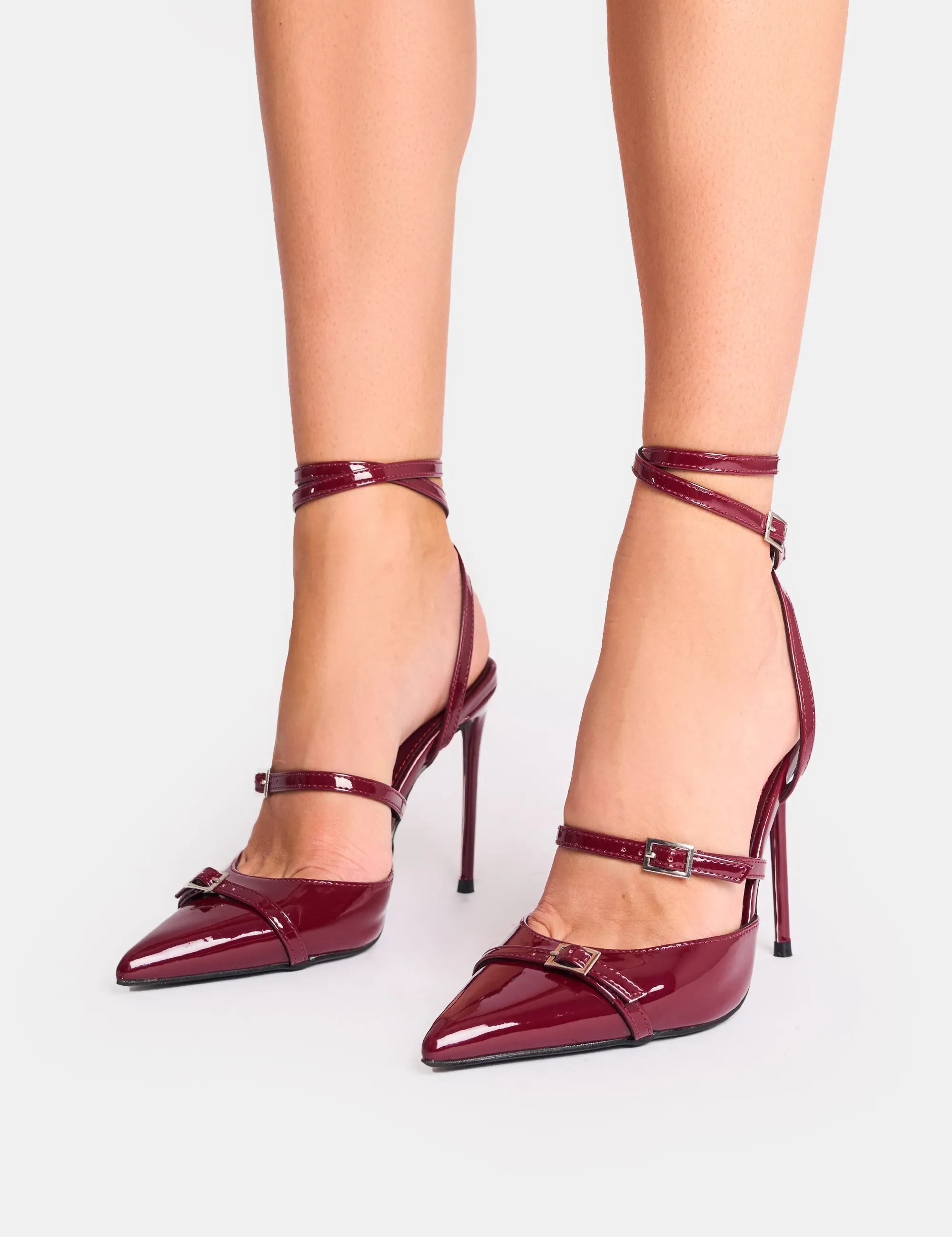 Viper Burgundy Three Strap Buckle Detail Court Heels